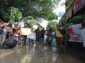 Bentuk Protes, AMM Gelar Aksi Mancing Ikan dan Menanam Pohon Pisang di Ruas Jalan Warung Borong – Rancabunggur