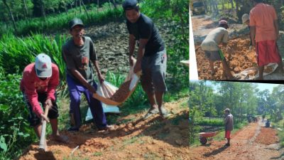 Jalan Poros Desa Lama tak Diperbaiki. Masyarakat Tambal Jalan Sendiri